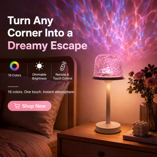 16-Color Water Ripple Projection Table Lamp – Rechargeable Remote & Touch Dimmable Mood Light