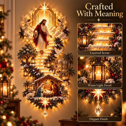 ✨ Jesus Light of Heaven Christmas Wall Hanging | Illuminated Nativity Stairway Decor ✝️