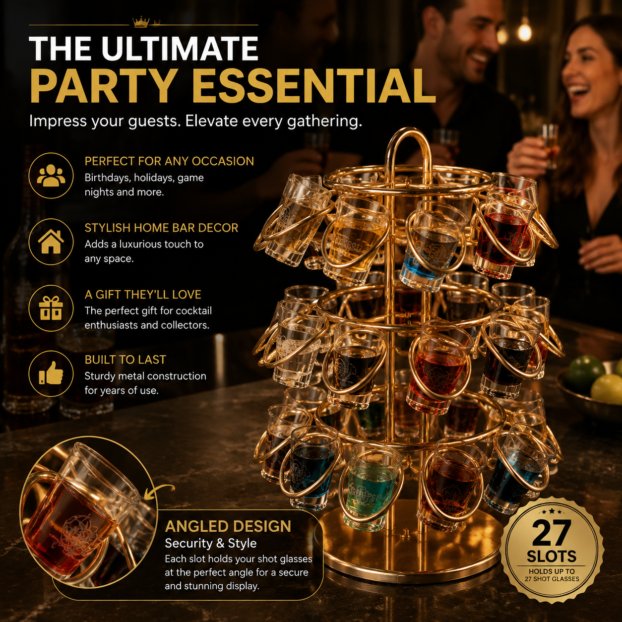 🍸 27-Slot Rotating Shot Glass Holder | Luxury Home Bar Display Rack & Cocktail Decor