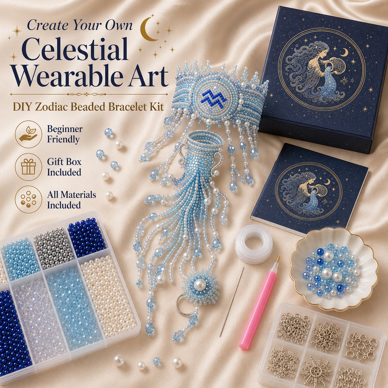 🔥 LAST DAY 49% OFF – ✨ Zodiac DIY Beaded Hand Bracelet Kit | Create Celestial Wearable Art with Seed Beads, Pearl-Style Accents & Crystal Details ♈🌙💎