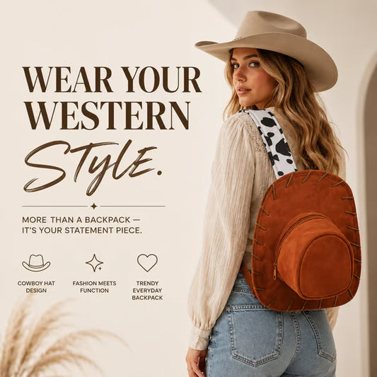 🤠 Western Cowboy Hat Shaped Backpack Cow Print Straps Mini Leather Purse 🎒