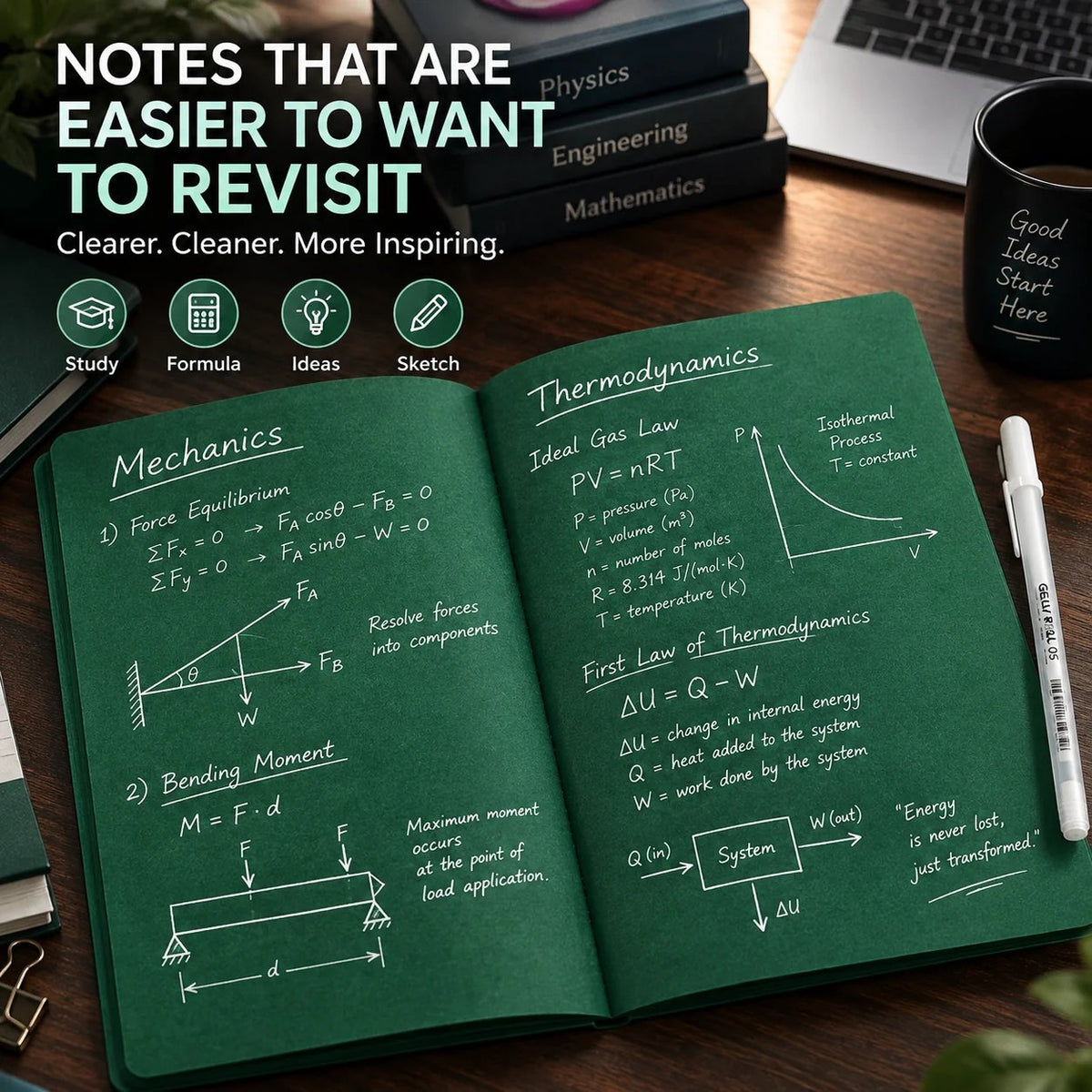 💚 Deep Green Blank Notebook with White Gel Pen | Aesthetic Writing & Sketch Journal