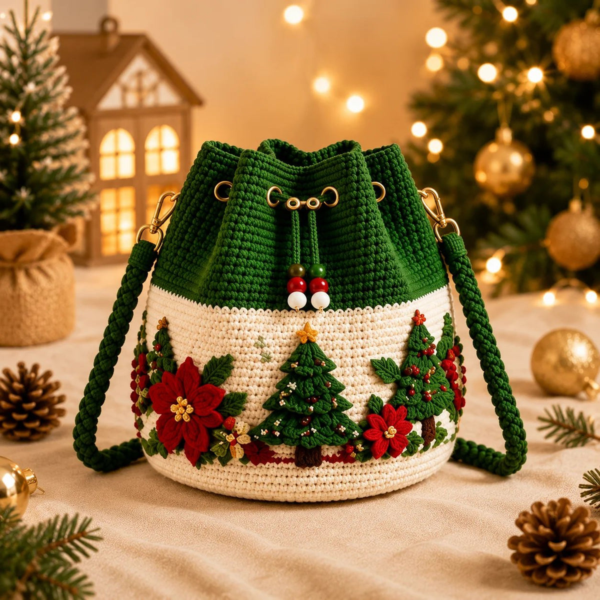 🎄Christmas Crochet Bucket Crossbody Bag 🎅 Festive Holiday Women Handbag Gift