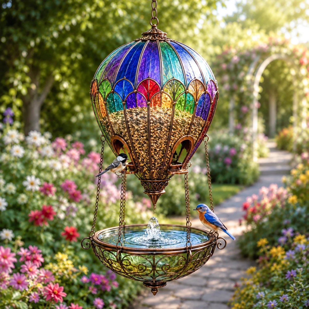 Hot Air Balloon Bird Feeder with Water Tray – Stained-Glass Look Garden Decor