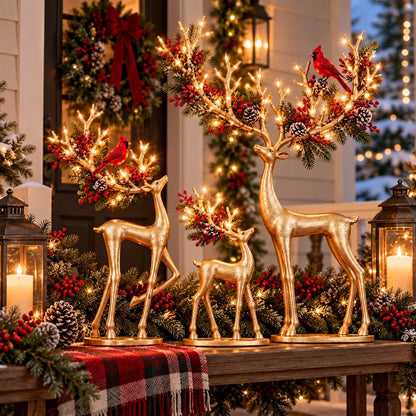 ✨ Cardinal Woodland Reindeer™ – Lighted Golden Christmas Deer Decorations