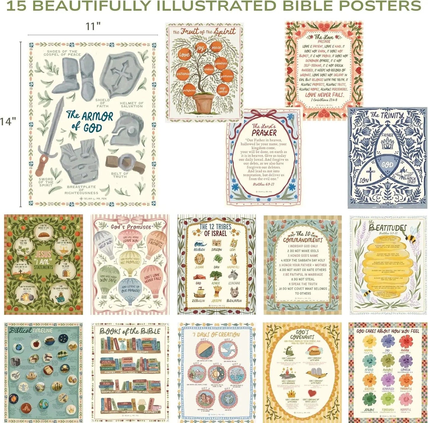 ✝️15 Pack Hand-Drawn Kids Bible Posters 📜 | Sunday School Homeschool Decor | 🙏NIV Bible Translation