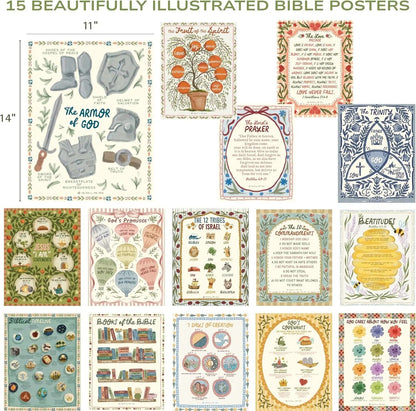 ✝️15 Pack Hand-Drawn Kids Bible Posters 📜 | Sunday School Homeschool Decor | 🙏NIV Bible Translation