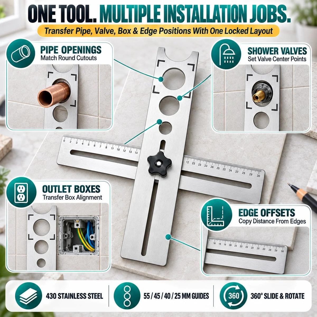 📏40CM Adjustable Stainless Steel Tile Hole Positioning Ruler📐