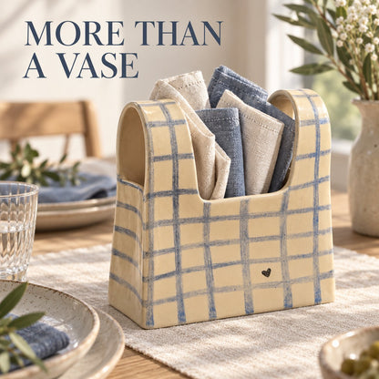 🌼 Handmade Checkered Ceramic Bag Vase