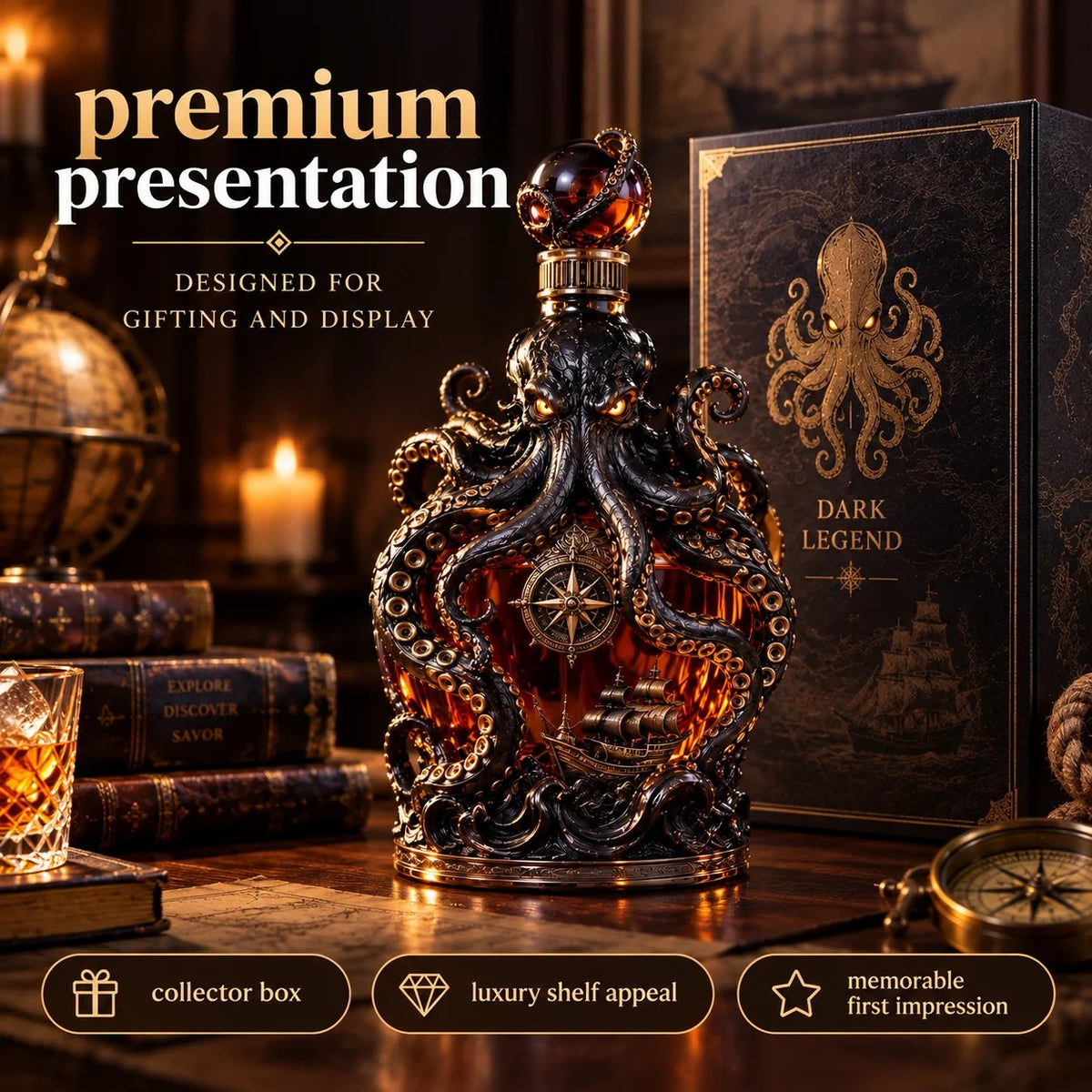 🐙 Dark Abyss Kraken Decanter | Sculpted Nautical Collector Bottle