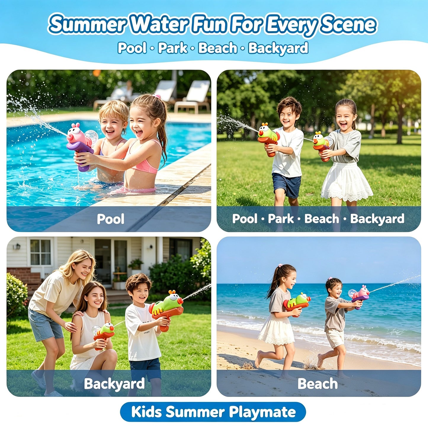 🎉Cute boys and girls playing in the water with ant-shaped electric press water guns, beach water fights, pool fun, and children’s water guns for drifting