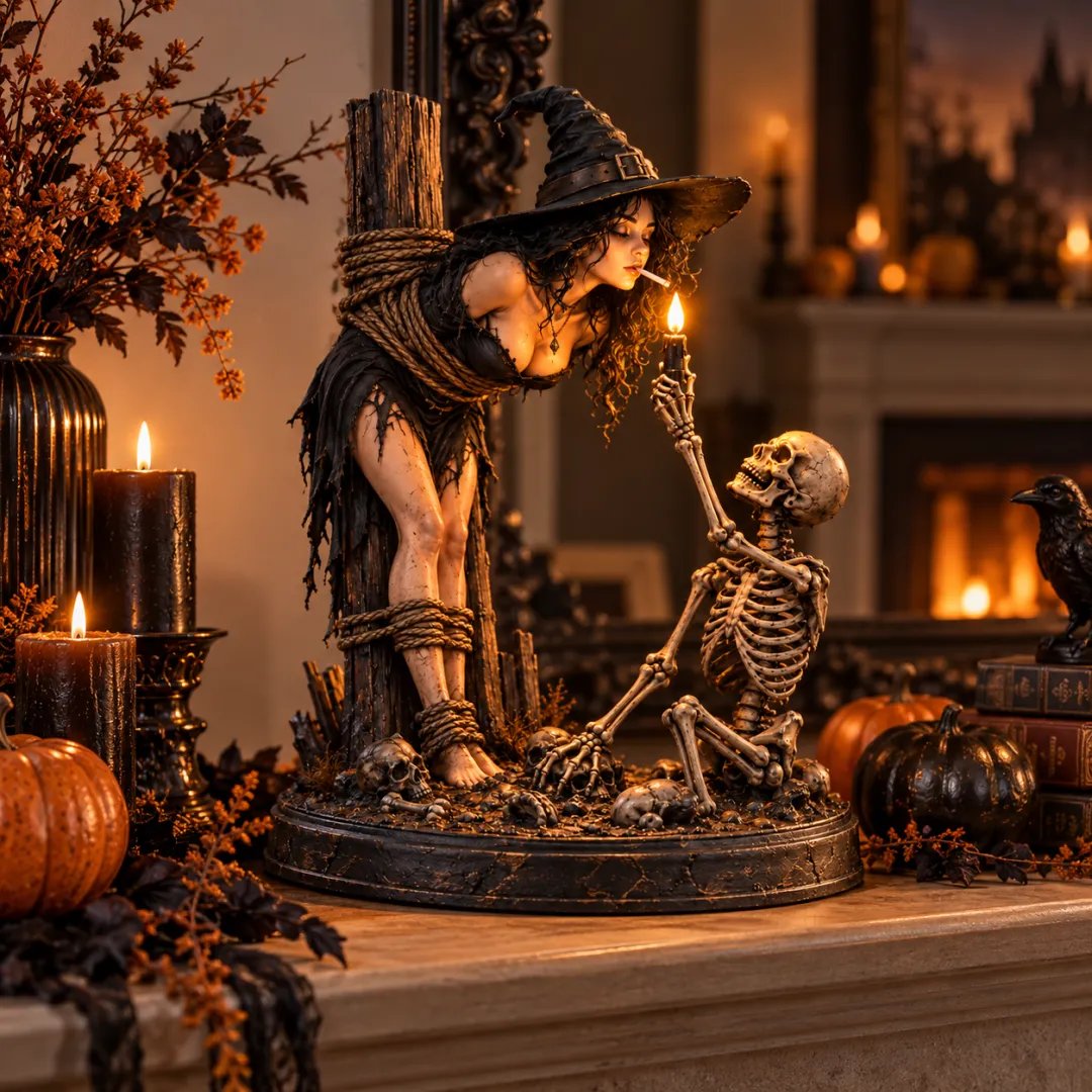 🕯️ Witch & Skeleton Light-Up Figurine | Gothic Halloween Decor