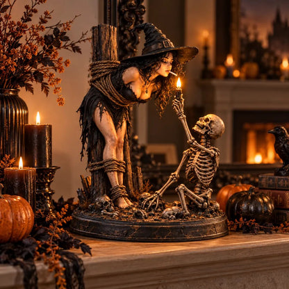🕯️ Witch & Skeleton Light-Up Figurine | Gothic Halloween Decor