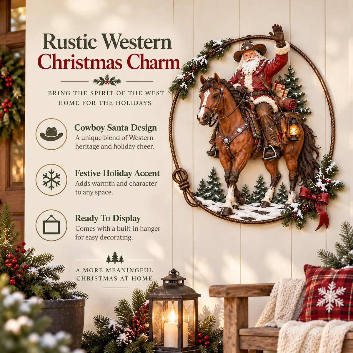 🤠🐎 Cowboy Santa Ranch Christmas Wall Art – Rustic Horse & Lasso Holiday Accent