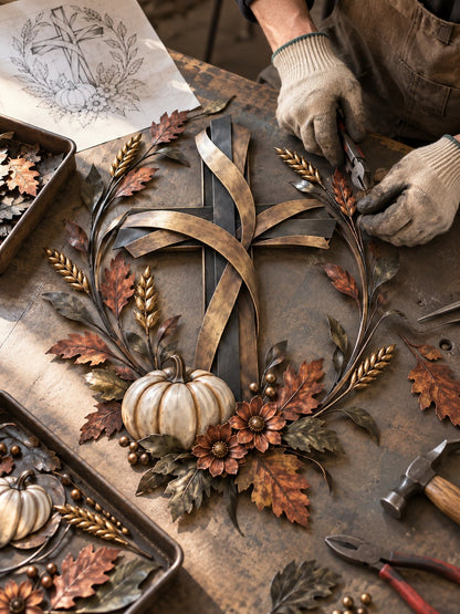 Autumn Cross & Pumpkin Harvest Metal Wall Decor