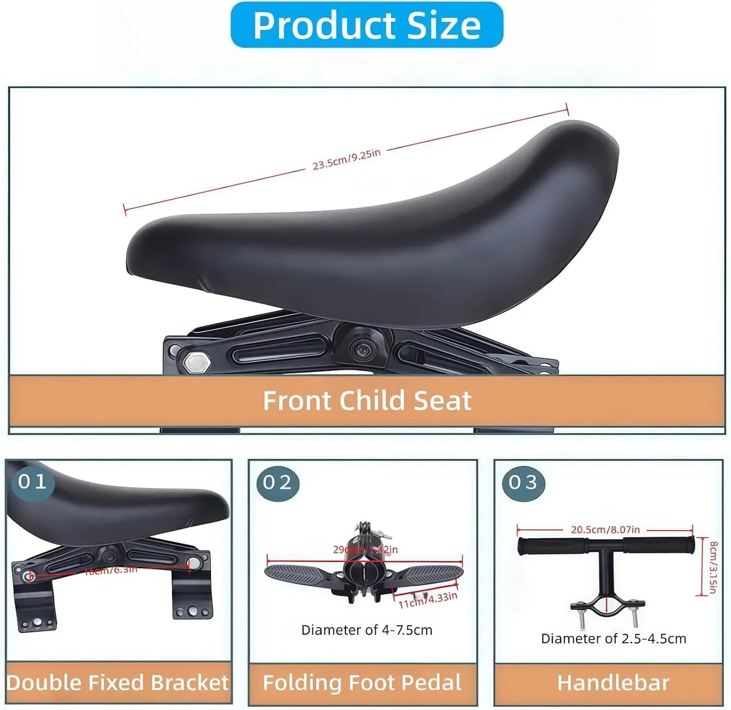 Front-Mounted Kids Bike Seat Set with Handlebar & Folding Foot Pedals