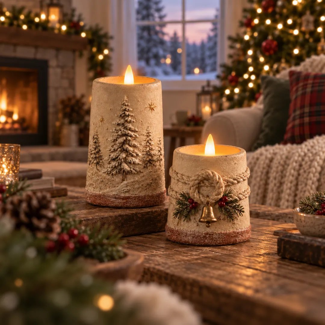 Rustic Christmas Flameless LED Candle Décor – Set of 2