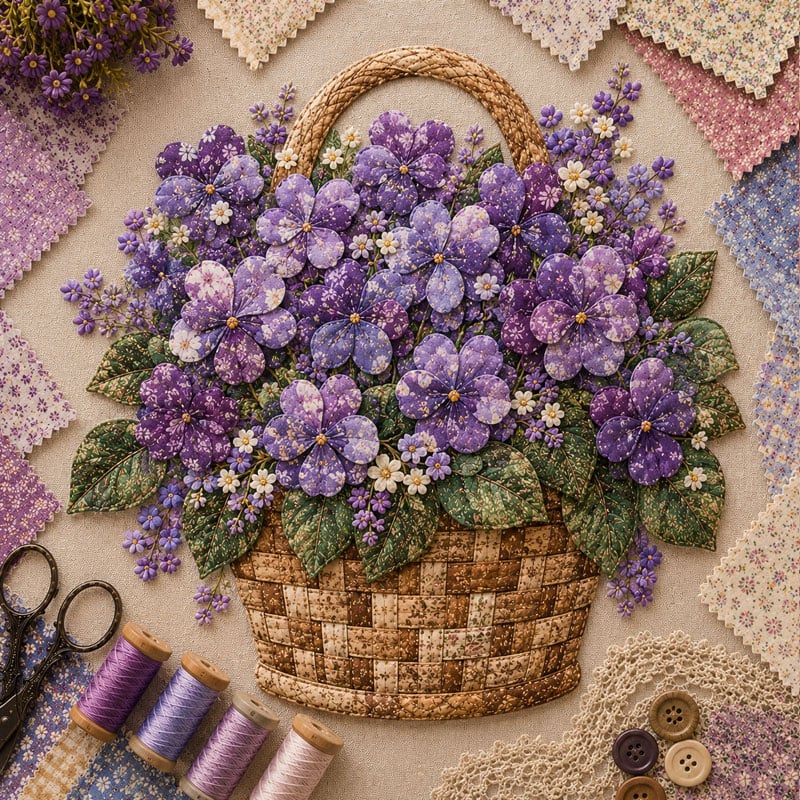 🌸🧵 Premium Floral Basket Patchwork DIY Kit | High-Quality Layered Fabric Bouquet with Raised Petals & Woven Basket Details ✨