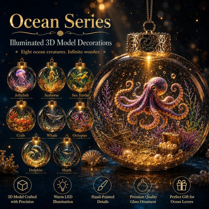 🌊 Ocean Series Illuminated 3D Model Decoration Collection | Clear Display Ornament with Detailed Sea Creatures, Coral, Shell & Pearl-Style Accents ✨