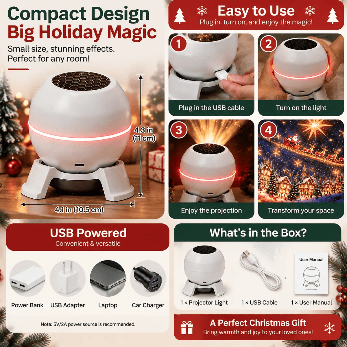 🎄 Christmas Projection Night Light – Instant Holiday Magic for Any Room