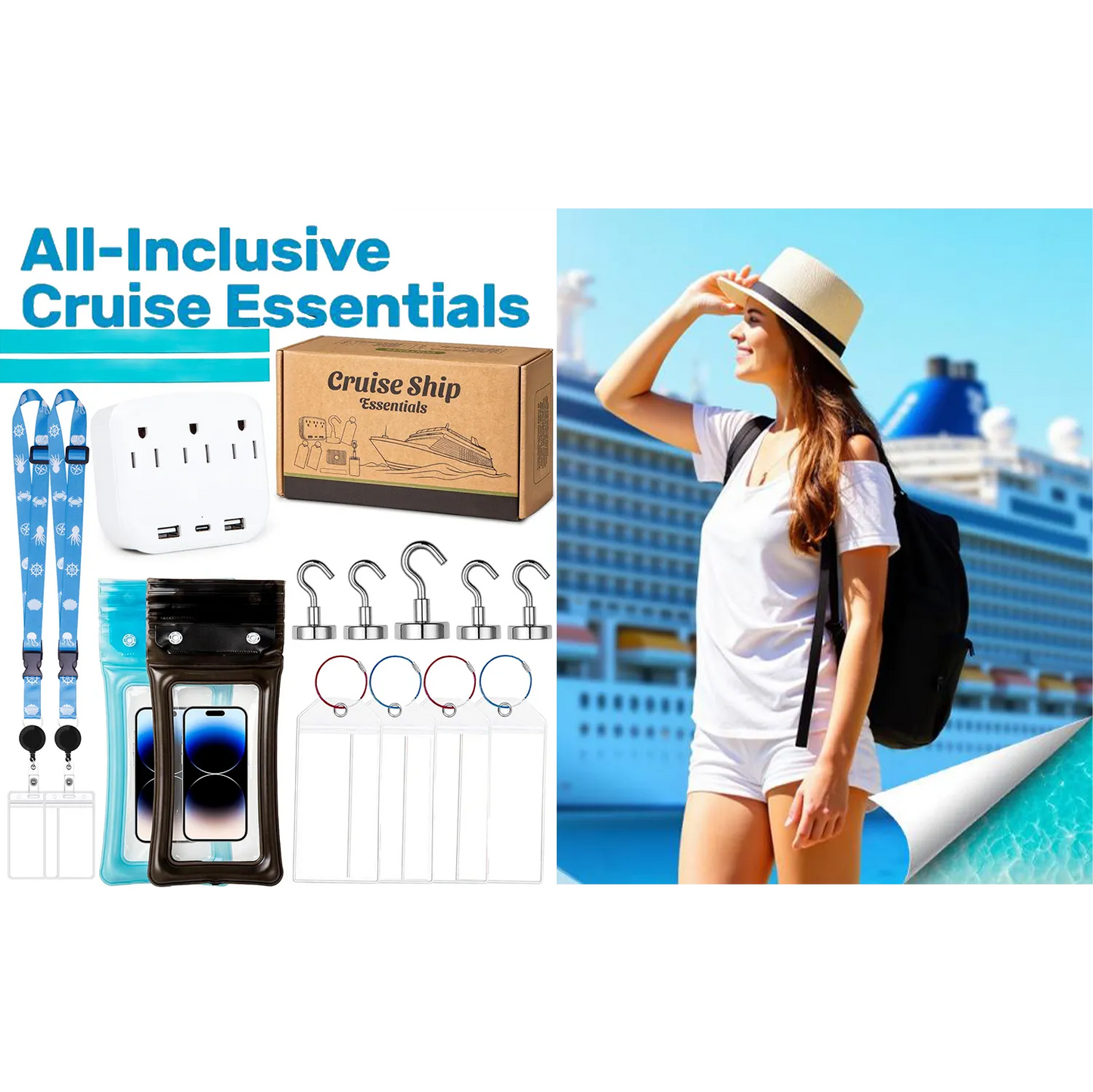 Cruise Essentials 2026- Cruise Must Haves Kit with Non-Surge Protector Power Strip, Lanyard with ID Holder, Magnetic Hooks, Luggage Tag Set, Towel Bands, Waterproof Phone Holder