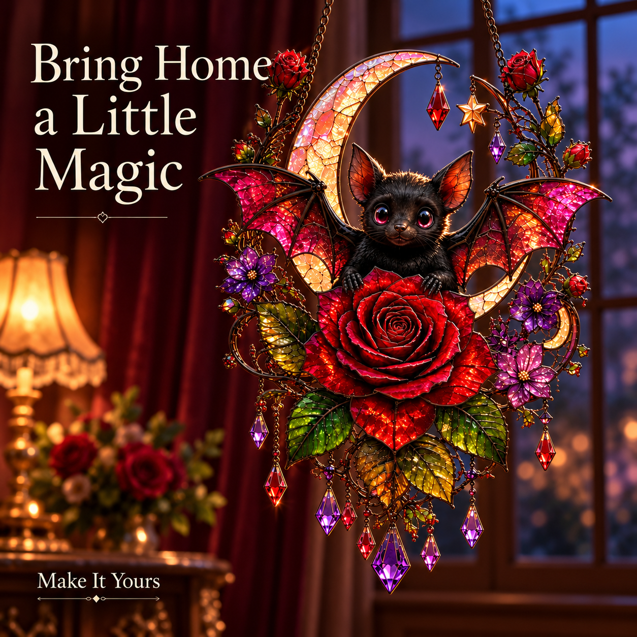 Midnight Romance bat rose crescent moon gothic hanging decoration