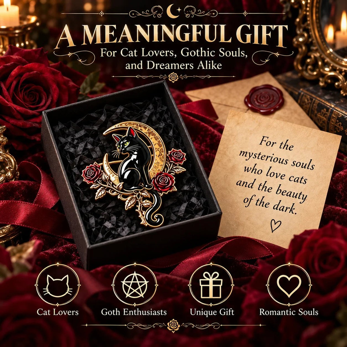 🐈‍⬛🌙 Black Cat Crescent Moon Brooch – Gothic Rose Statement Pin
