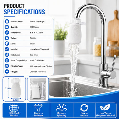 🚰 100 Pack Faucet Filter Bags – Cleaner Water, Less Splash, No Tools Needed