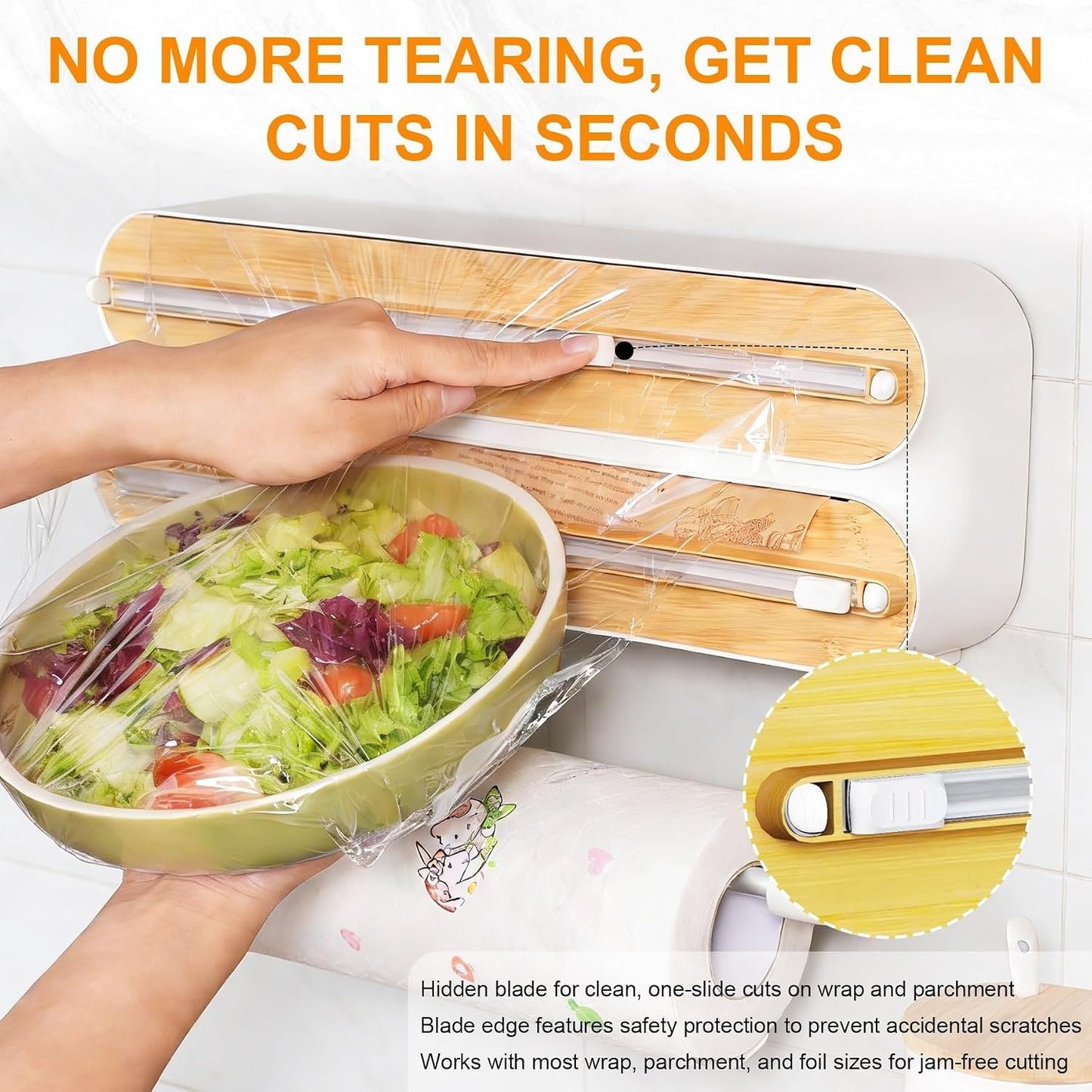 3-in-1 Magnetic Kitchen Wrap Dispenser with Slide Cutters