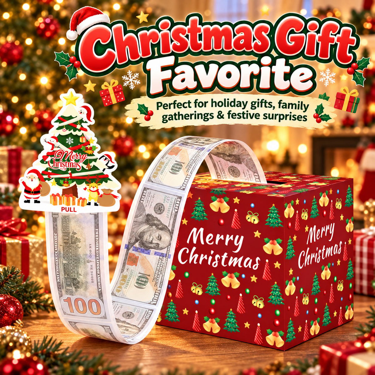 💵🎄 Christmas Money Pull Surprise Box 50 Fillable Pockets for Cash, Treats, Notes & More 🎁