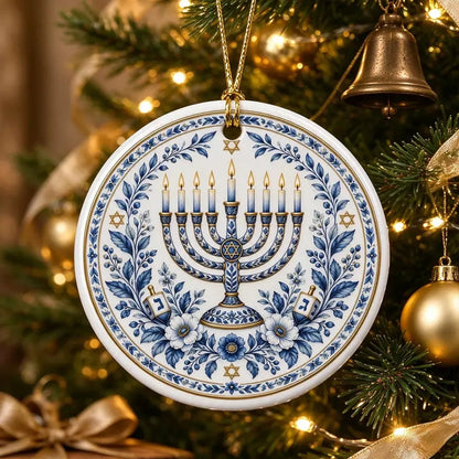 Blue & White Hanukkah Menorah Ceramic Ornament