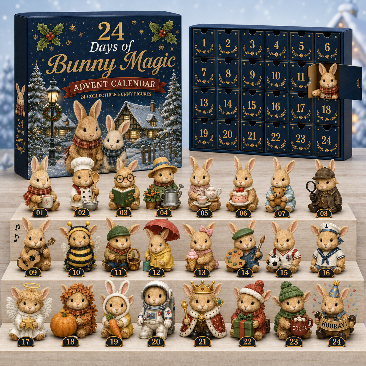 24 unique British bunny figurines