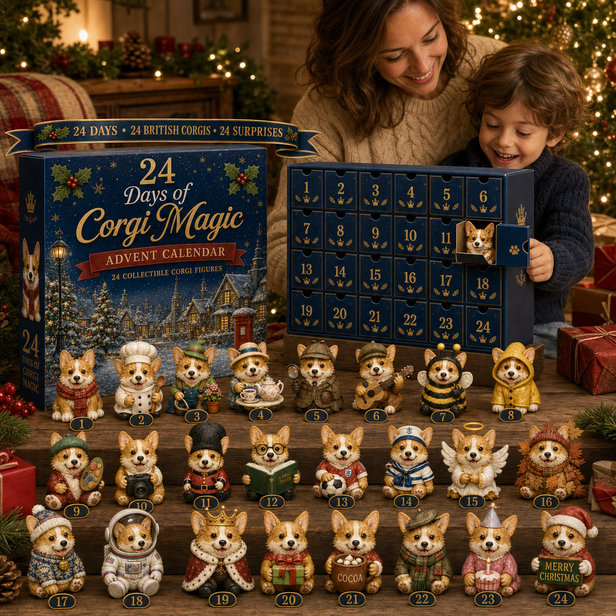 Family opening the British Corgis Advent Calendar