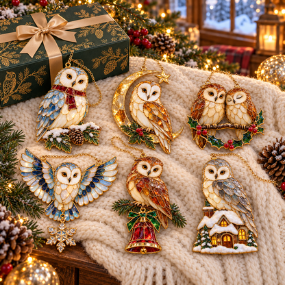 Woodland Christmas Owls – Vintage Stained Glass Style Christmas Ornaments, Set of 6