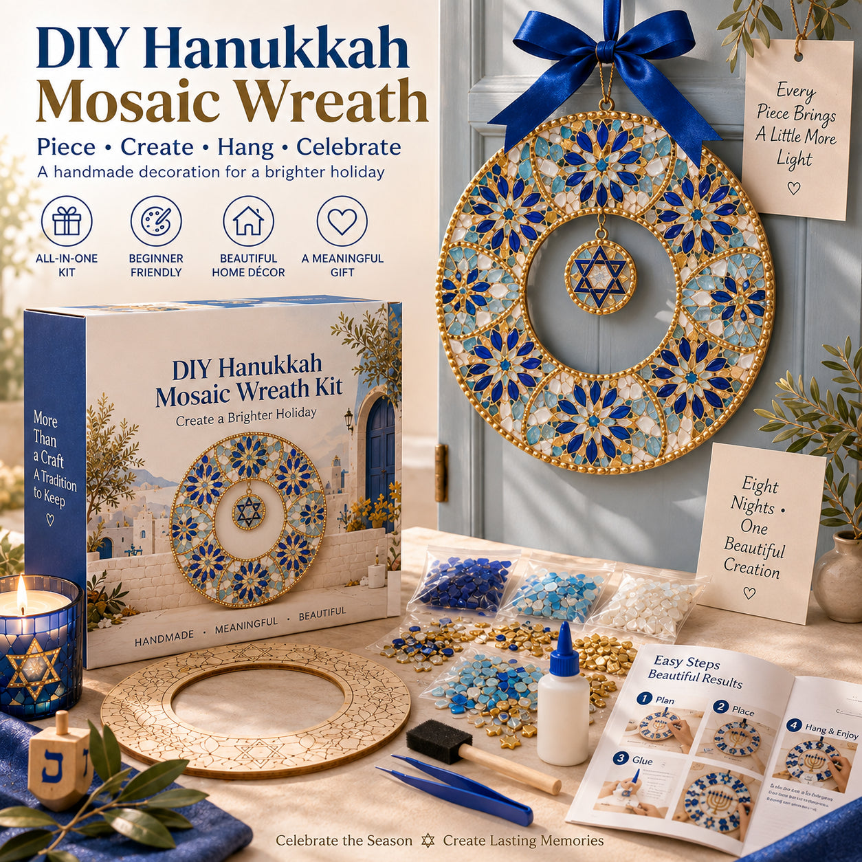 🕎 DIY Hanukkah Mosaic Wreath Kit – 6 Festive Designs for Holiday Home Décor