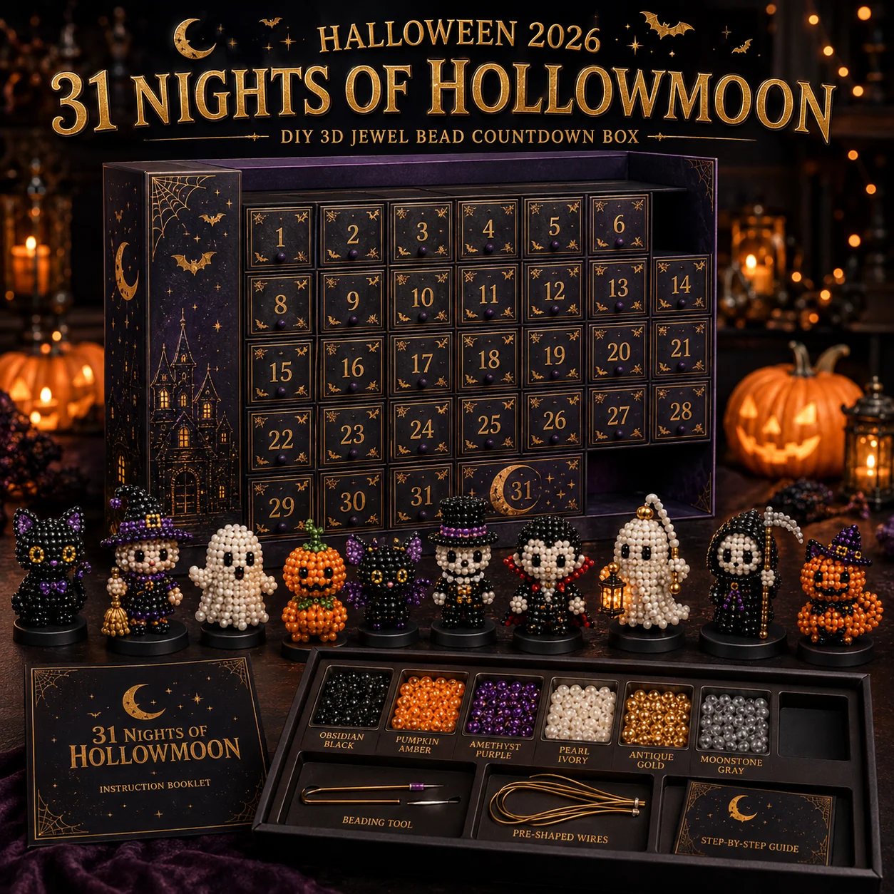 🔥 LAST DAY 49% OFF – 🎃 Hollowmoon 31-Night Jewel-Bead Countdown Calendar | 31 Daily DIY Characters, Complete Craft Supplies & Midnight Parade Display 💎✨