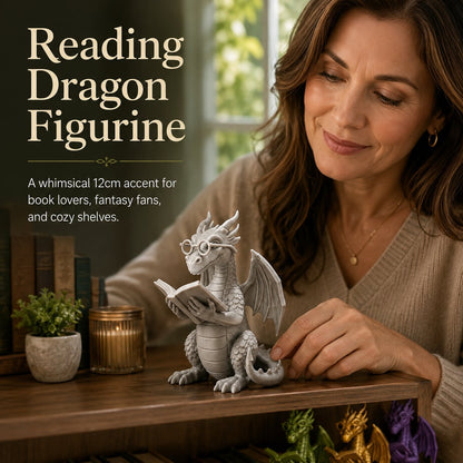 🐉 Reading Dragon Book Light Decoration, 12 cm Fantasy Dragon Figurine