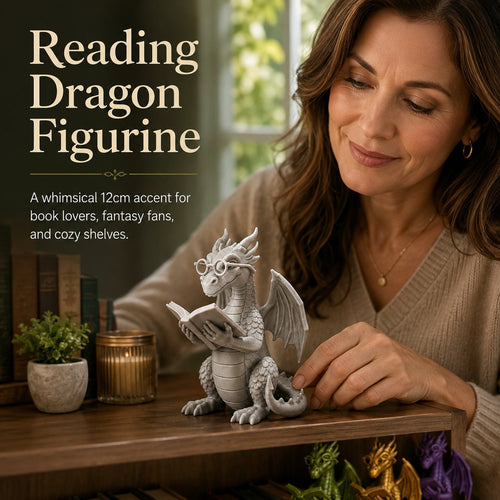 🐉 Reading Dragon Book Light Decoration, 12 cm Fantasy Dragon Figurine
