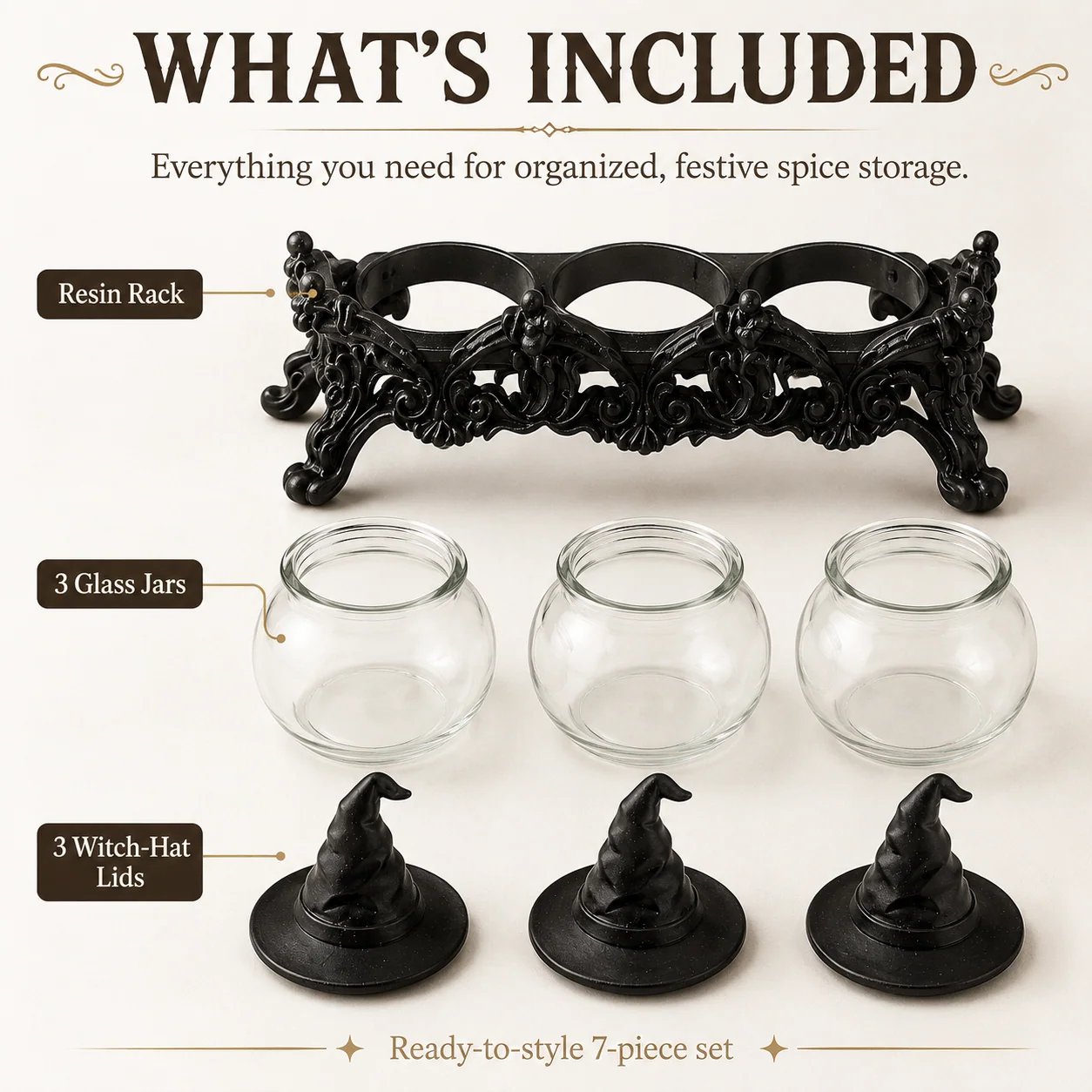 🧙‍♀️Witch-Hat Gothic Spice Jar Set — Ornate Resin Rack + 3 Glass Jars
