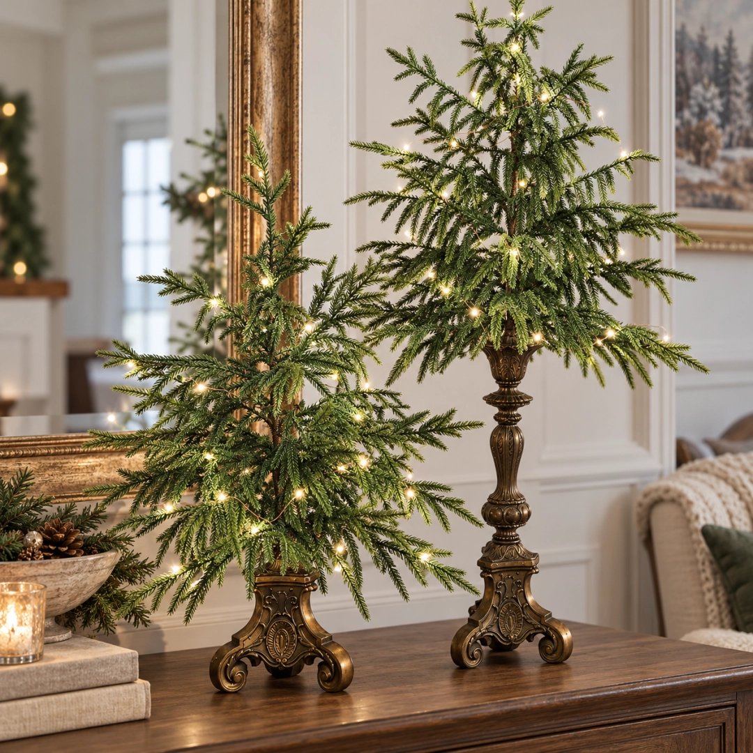 🎄 Vintage Lighted Norfolk Pine Trees | Warm LED Pedestal Decor