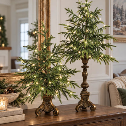 🎄 Vintage Lighted Norfolk Pine Trees | Warm LED Pedestal Decor