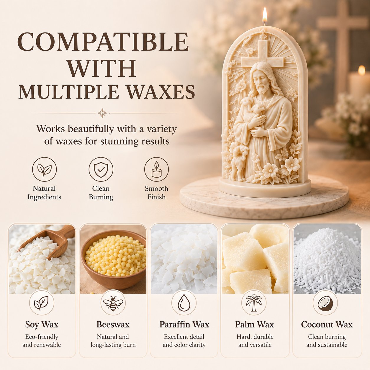 ✝️ 2-Piece Good Shepherd Jesus 3D Candle Mold Set | Sculpted Cross, Lamb & Floral Relief for Faith-Inspired Handmade Candles 🕯️✨