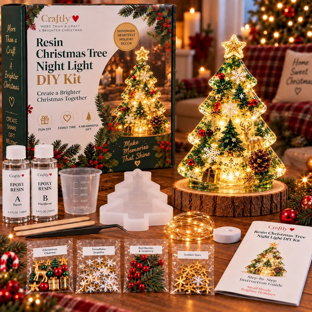 ⏳ Last Day 49% OFF – 🎄Beginner-Friendly Resin Christmas Tree Night Light DIY Kit | Mold, Resin, Fairy Lights & Festive Decorations Included ✨