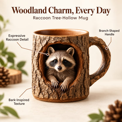 Woodland Raccoon Tree Hollow Mug – Rustic 3D Animal Coffee Cup