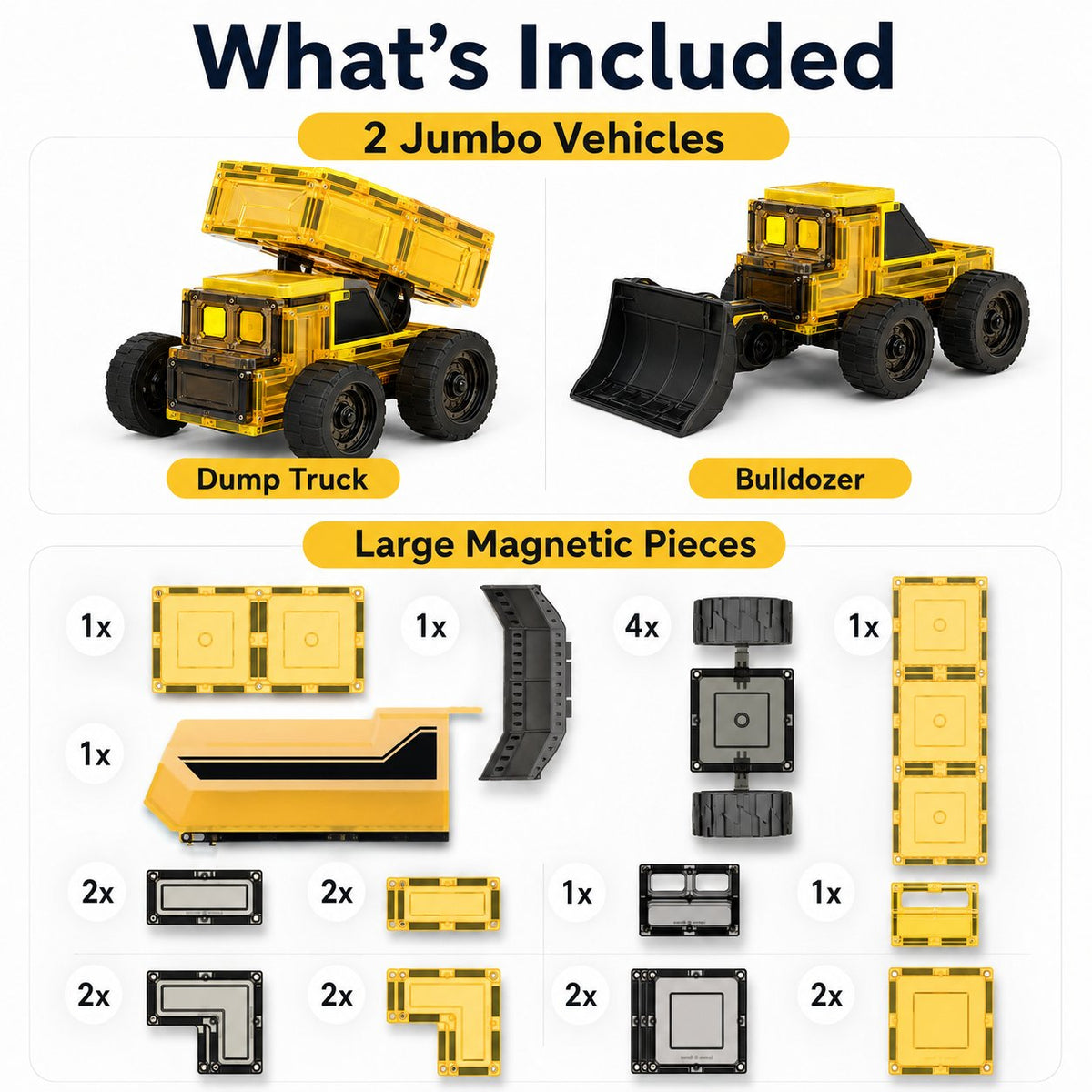 Magnetic Tile Construction Truck Set | Dump Truck & Bulldozer Toy