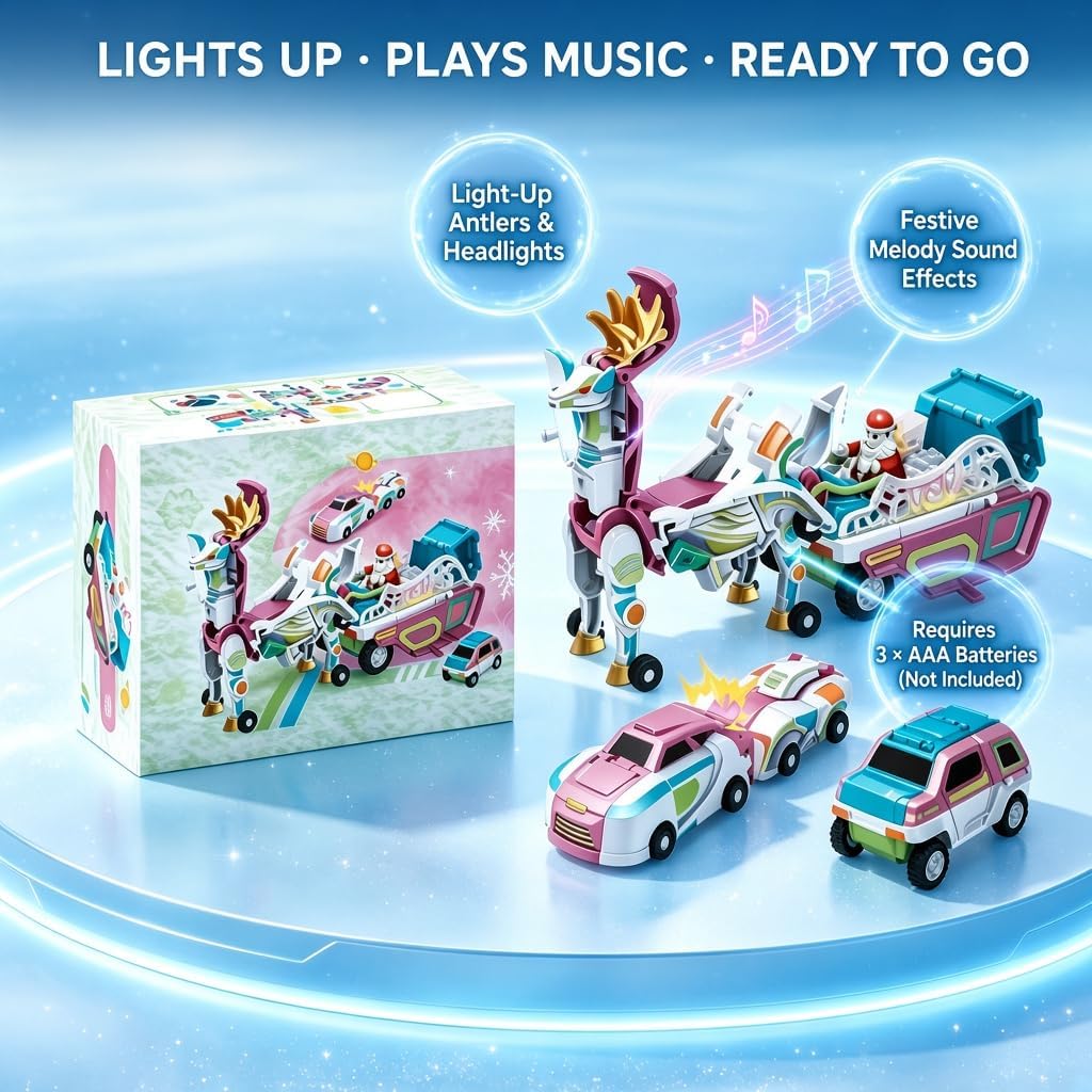 3-in-1 Transforming Reindeer Sleigh Toy, Lights & Sound