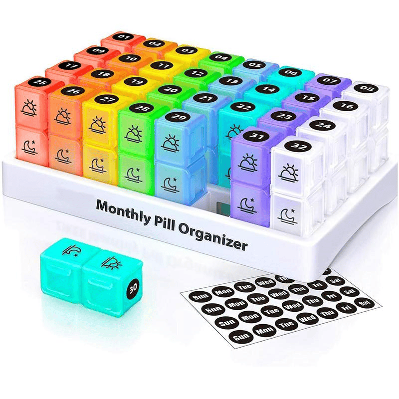 🎉💊 Monthly AM/PM Pill Organizer – Twice-a-Day Medicine & Vitamin Storage with Stickers