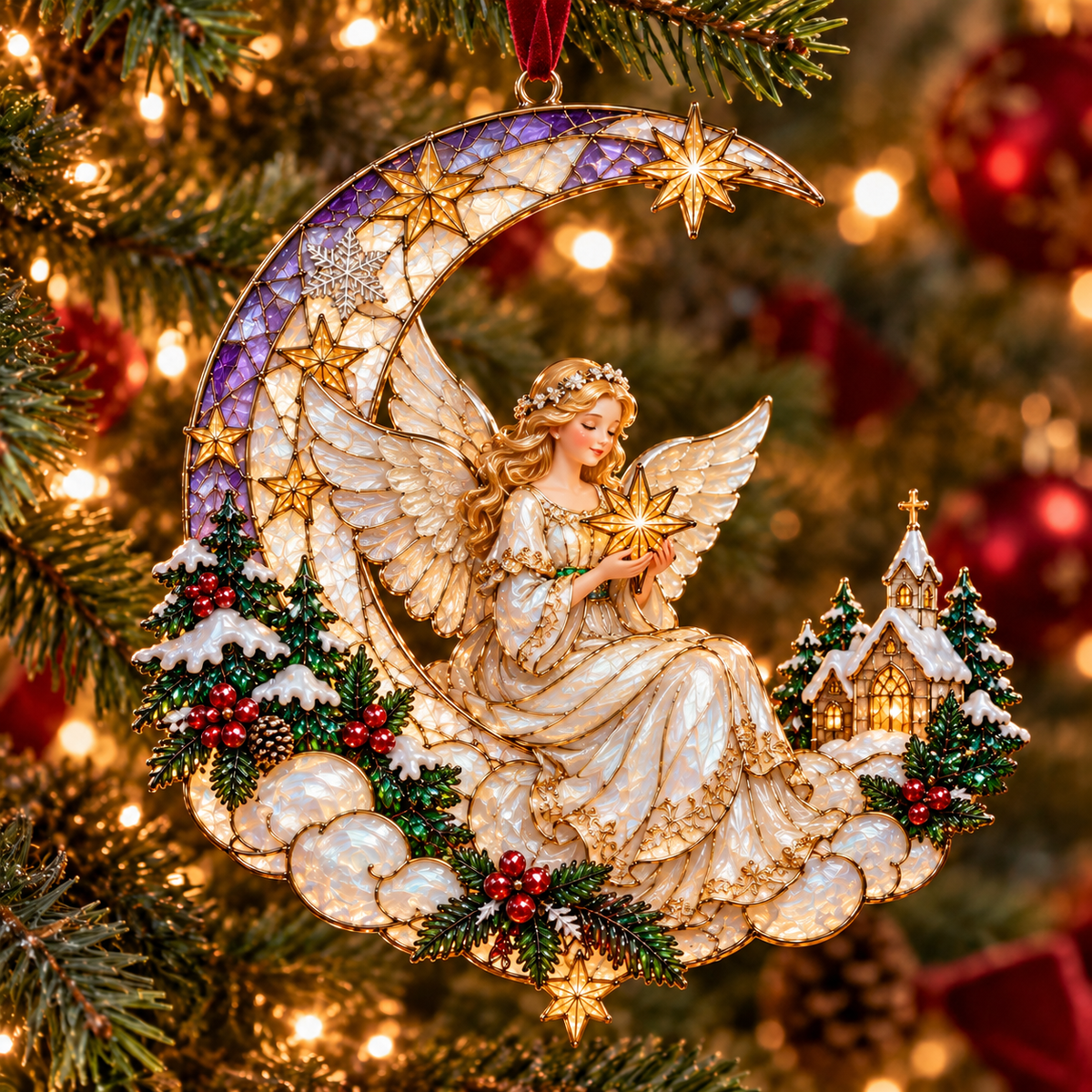 🌙 Moonlit Christmas – 6-Piece Storybook Crescent Moon Ornament Set