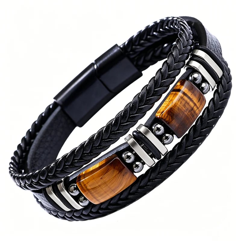 🔥Versatile Vintage Leather Bracelet 📿 Braided Layered Tiger Eye Stone Wristband for Men & Women