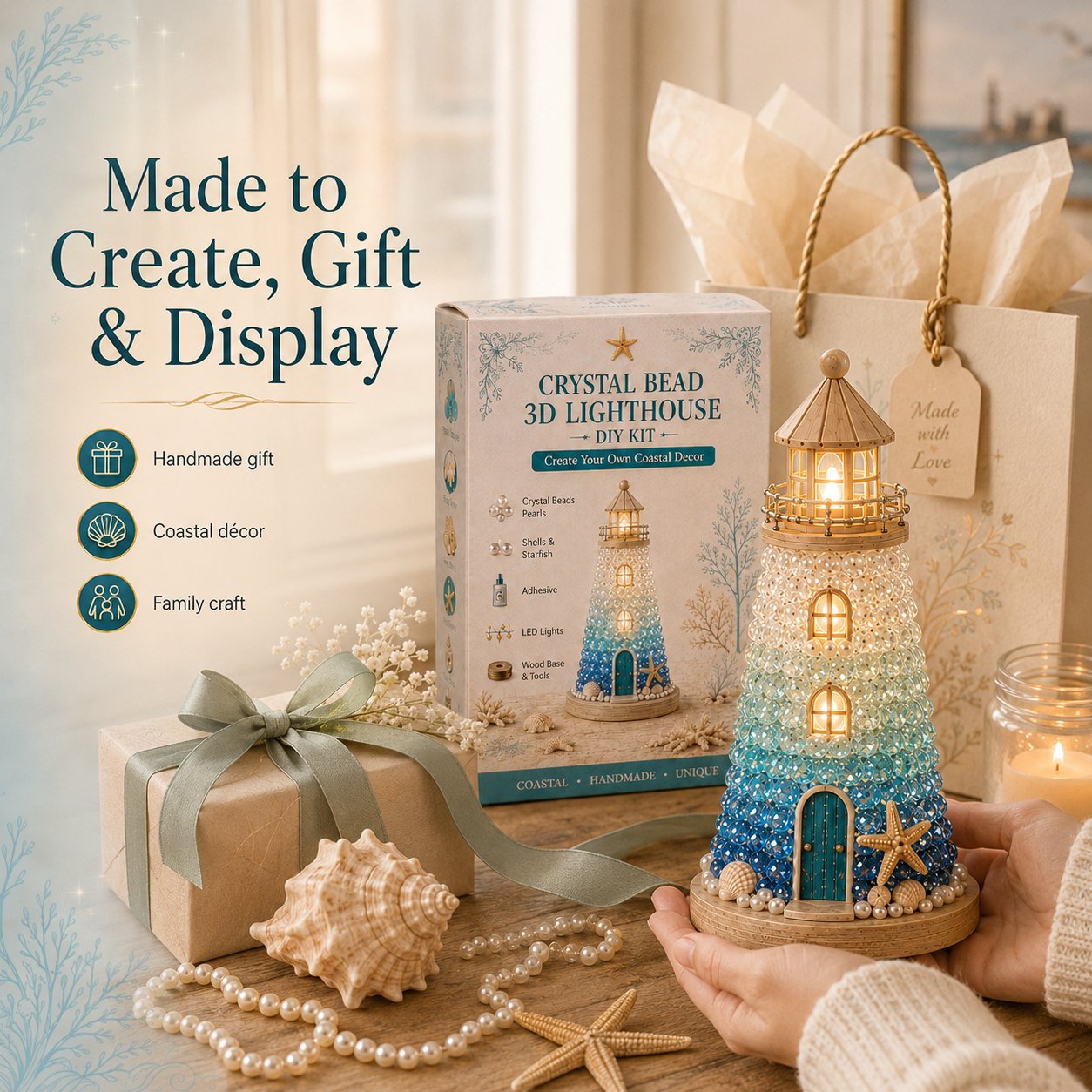 ⏳ Last Day 49% OFF – 🌊 Beginner-Friendly DIY Lighted Sea Glass-Style Lighthouse Kit Collection | Complete Kit with Sea Glass-Style Pieces, LED Lights & Step-by-Step Guide Included 💕